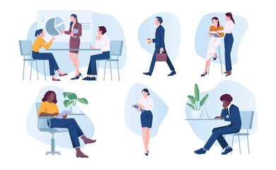 Wall Mural - business activity. set of scenes with office employees and entrepreneurs working on project, plannin