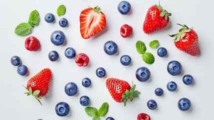 Poster - Fresh berries scattered on a white background create a vibrant mix. The composition includes blueberries and strawberries with hints of green leaves. Perfect for health and food-related content. AI