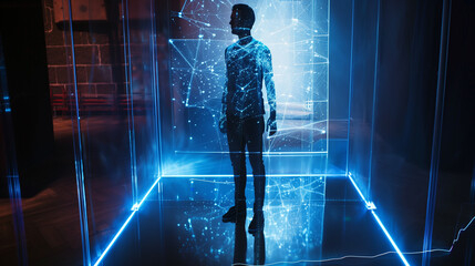 Wall Mural - A man stands in a room with a blue background and a blue light. The room is filled with glass walls and the man is wearing a blue shirt