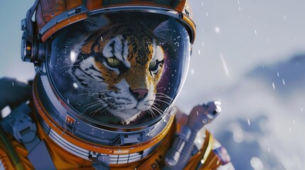 Canvas Print - an astronaut with a suit covered in bee stripes, his helmet shows his feirce feline face