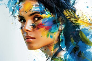 Modern portrait of a woman with colorful paint splashes, capturing beauty, creativity, and artistic expression in a detailed, vibrant design