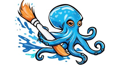 Sticker - an octupus riding a paint brush, vector art, simple, cartoon, vector logo