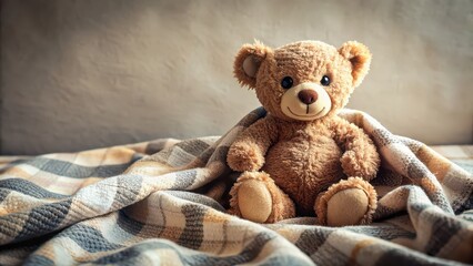 Sticker - Teddy bear sitting on a cozy blanket , plush, toy, cuddly, cute, stuffed animal, soft, sitting, cozy, comfort, childhood