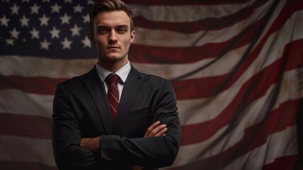 Sticker - young businessman, with confident expression, American flag background generative ai