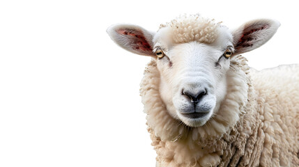 White fluffy sheep farm portrait looking at camera isolated on clear png background, funny moment, Farmland animals concept