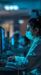 Wall Mural - Nurse Using Computer in COVID-19 Ward