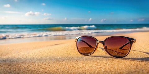 Wall Mural - Sun glasses placed on sandy beach with ocean in background, sunglasses, beach, sun, summer, fashion, accessory