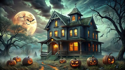 Poster - Spooky Halloween decorations in a haunted house , Halloween, spooky, decorations, haunted house, ghostly, pumpkins, foggy