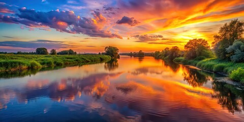 Wall Mural - Sunset casting a colorful glow over a tranquil river, sunset, river, sun, water, reflection, evening, dusk, peaceful, calm, nature