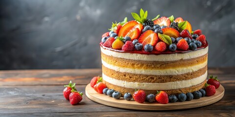 Poster - Stunning cake with colorful fruits and creamy frosting displayed elegantly , cake, dessert, fruit, colorful, creamy