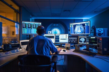 Wall Mural - Radiologist in the control room performing a medical scan