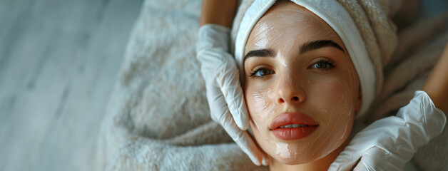 spa day banner concept with space for text. woman with hair wrapped in a white towel and a cosmetolo