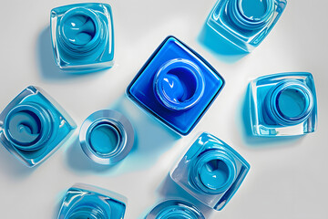 Sticker - Blue nail polish in bottles on light background, top view