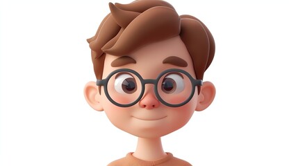 Poster - A 3D rendered cartoon boy with brown hair and glasses looking at something.