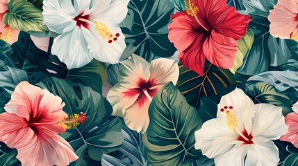 Wall Mural - Tropical pattern seamless floral design with leaves and flowers. Background summer nature decorative exotic plant palm. Jungle art spring texture, abstract pink colorful hibiscus.