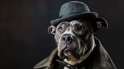 Canvas Print - A charismatic Staffordshire dog posing as a boss, proud and confident, dressed like a masculine and tough human gangster, a strong and powerful leader