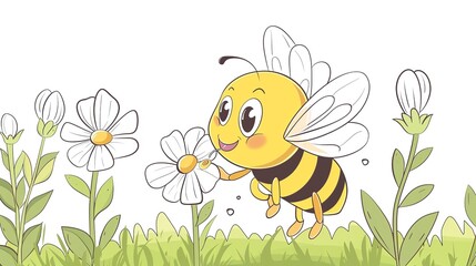 Sticker - A cute bee collecting nectar from a flower for kid coloring book with crisp lines and white background no shading