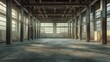 © kept - Sunlit empty industrial warehouse with large windows and beams of light.