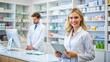 © Bounpaseuth - Pharmacy, pharmacist or portrait of woman with arms crossed on the right or smile in customer services or clinic. Healthcare help desk, wellness or happy doctor smiling by medication on shelf in drugs