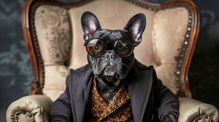 Poster - A fashionable French Bulldog dog posing as a stylish model, dressed classy, chic and elegant