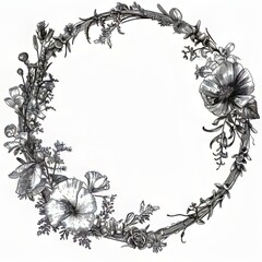 Wall Mural - Ornate detailed black and white floral wreath with a transparent background