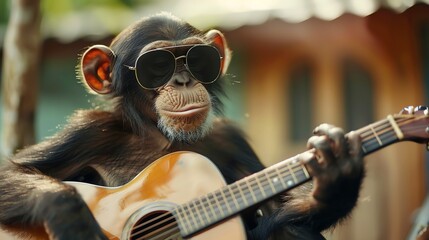 Canvas Print - A chimpanzee wearing sunglasses plays a guitar.