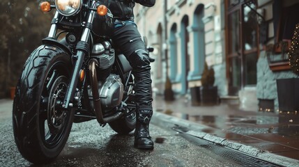 Canvas Print - A motorcyclist on a black motorcycle is stopped in a city street.