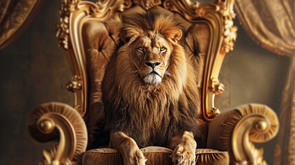 Sticker - A majestic male lion sits on a golden royal throne, like a confident, wise, strong and powerful king