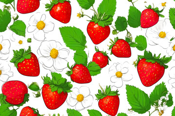 Poster - Seamless Pattern with Strawberries and Flowers