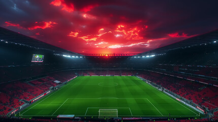 Wall Mural - fantasy soccer stadium under sunset, football game architecture at sunrise