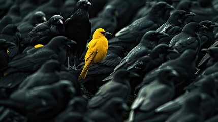 Wall Mural - A yellow crow alone among a crowd of black crows, concept of standing out from the crowd as a leader, of being different and unique with its own identity and special skills among the others