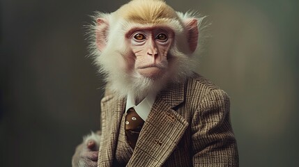 Poster - Albino monkey dressed in an elegant suit with a nice tie. Fashion portrait of an anthropomorphic animal, shooted in a charismatic human attitude