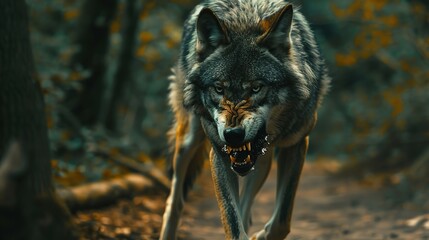 Wall Mural - Angry lone wolf walking alone in a forest path, showing teeth, front face ready to attack