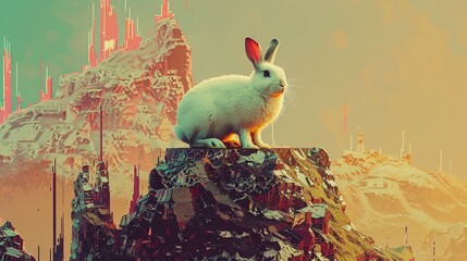 Poster - Anonymous rich Bunny on a mountain of gold illustrated in a horizontal cyberpunk glitch pattern, horizon