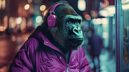 Poster - Anthropomorphic gorilla monkey wearing a purple jacket and headphone, walking in downtown city street at night, urban underground retro style and charismatic human attitude