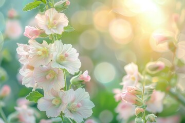 Wall Mural - Close-up of delicate hollyhock flowers with blurred background in soft sunlight