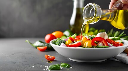 A close-up shot of a hand pouring olive oil onto a plate of vegetables, highlighting healthy fats for a heart-protective diet.