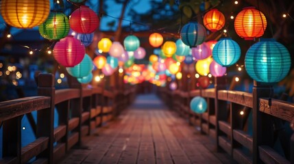 Canvas Print - A bridge with a walkway lit up with colorful lanterns. Generate AI image