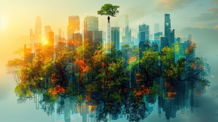 Poster - Cityscape with Floating Tree and Reflection