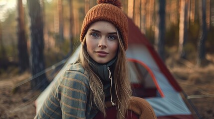 Canvas Print - attractive young lady posing in front of a tent in a northern forest