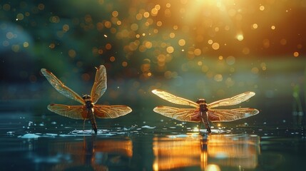 Poster - Dragonflies on Water at Sunset