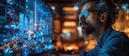 Man Looking at Computer Screen with Digital Data Visualization
