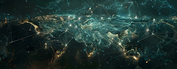 Wall Mural - Digital world map global network concept with glowing connections on dark background, digital technology and connectivity idea of internet data transfer around the earth globe