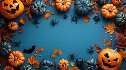 happy halloween holiday concept halloween decorations bats ghosts spiders pumpkins on blue background halloween party poster mockup,copy space flat lay top view overhead.stock image