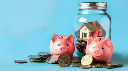 Wall Mural - The concept of money saving and homemade in the future with piggy banks, coins in glass jars for rainy days near house models. Real estate property financial services