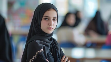 Sticker - Back to school. Middle eastern muslim school female teenage student posing at the classroom looking at the camera