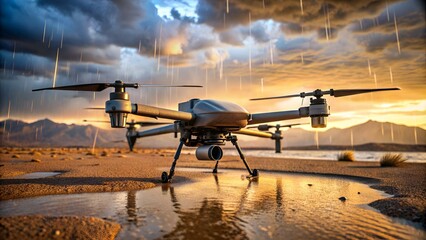 combat drone is ready for war on the desert after rain close up