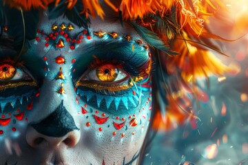 Sticker - Fierce woman with elaborate face paint, intense expression, vibrant colors, cultural symbolism, dramatic lighting, intricate patterns, artistic portrait, powerful imagery, festive celebration.