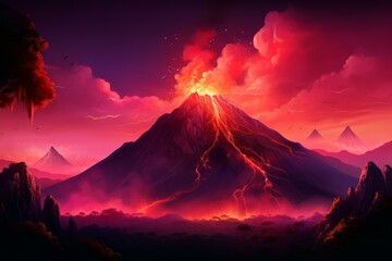 Wall Mural - Digital illustration of a vibrant volcano erupting with fiery lava at sunset amidst a dramatic landscape