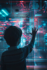 Wall Mural - child using colourful simplistic artificial intelligence on virtual screen with simple minimalist colourful UI for education - future education concept, virtual classroom